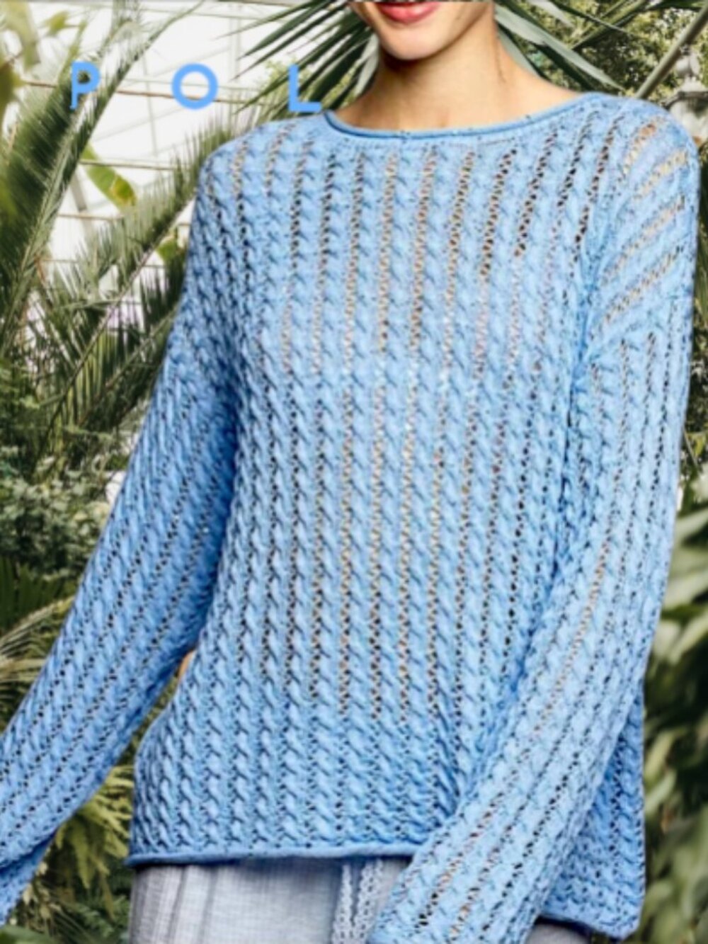 POL Evening Blue Openwork Round Neck Knit Top with Shiny Detail